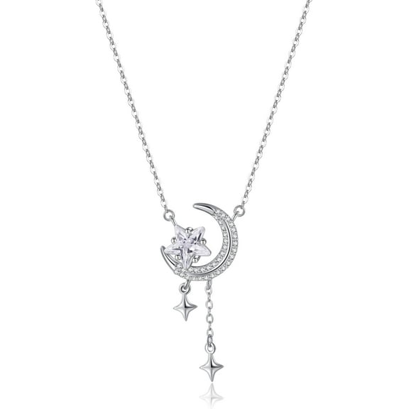 Solid 925 Sterling Silver Moon Star Necklace for Women CZ Moon Choker Necklace Dainty Star Pendant Necklace