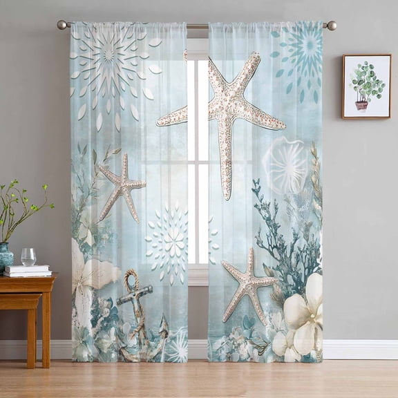 Teal Ocean Coastal Semi Sheer Window Curtains 96 Inches Long, Summer Beach Nautical Coral Starfish Rod Pocket Voile Silky Chiffon Curtain Treatment Drapes for Kitchen, Living Room, 52"x96", 2 Panels