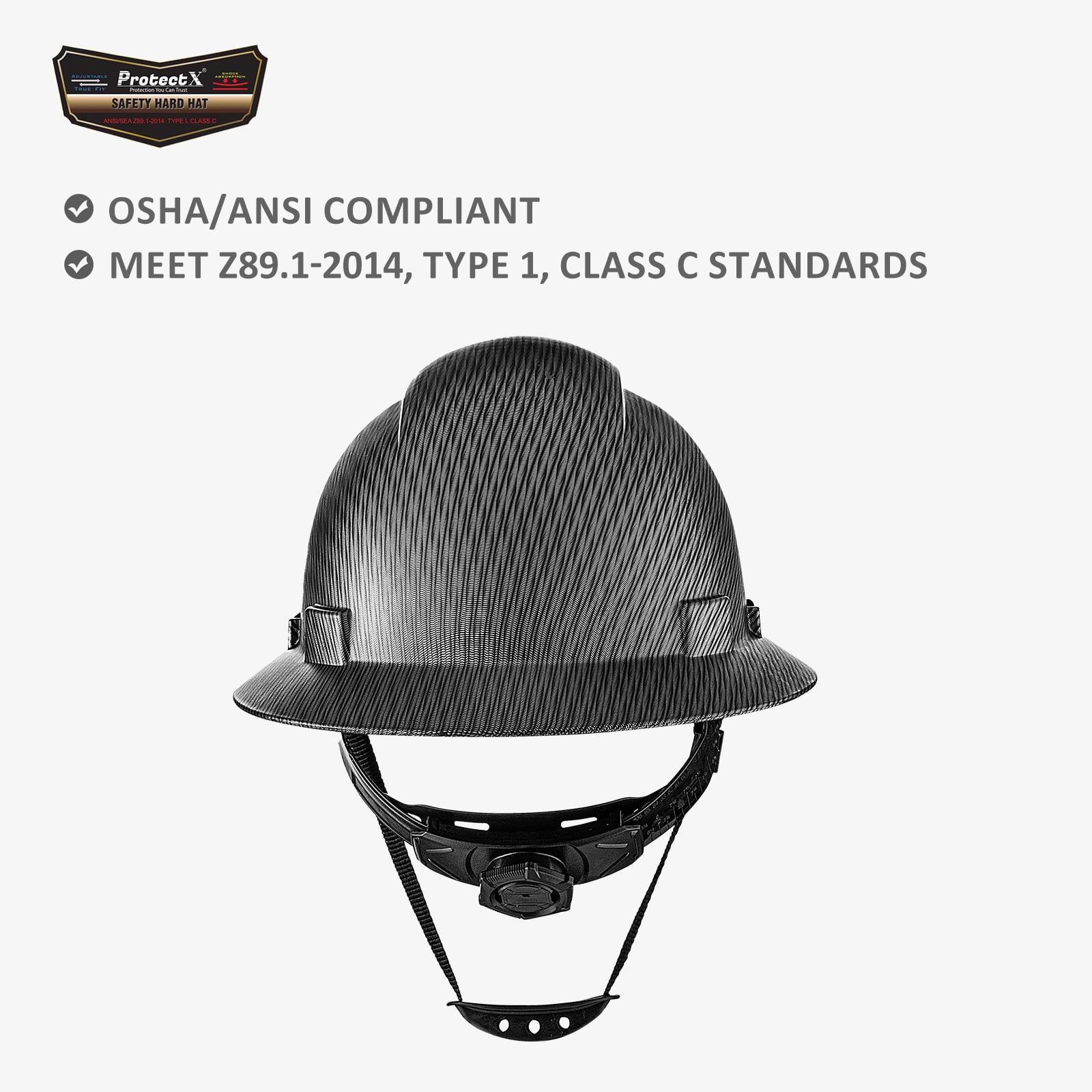 ProtectX Premium Full Brim Hard Hat, Cascos De Construccion for Safety, Vented, 6-point Adjustable Ratchet Suspension, Grey Long Carbon Fiber, OSHA/ANSI Compliant