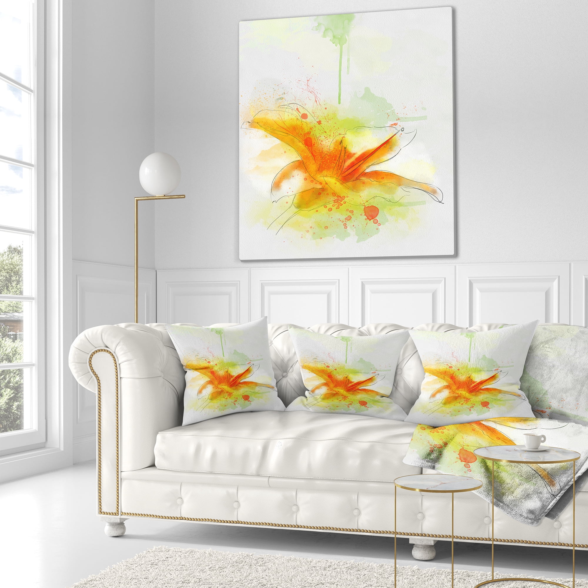 Designart Yellow Red Flower with Color Splashes - Floral Throw Pillow - 16x16