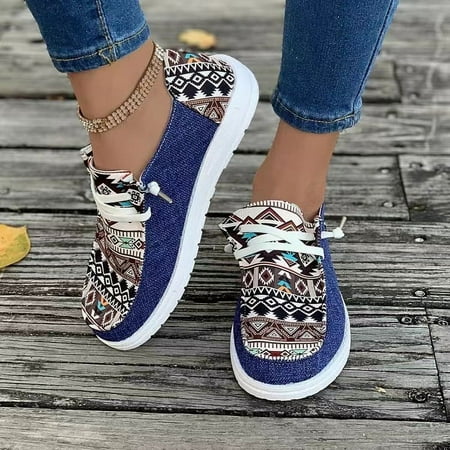 Women Print Shoes Denim Canvas Sneakers Leopard Walking Shoes Casual Comfortable Slip on Flat Loafers Lace-Up Outdoor Shoes