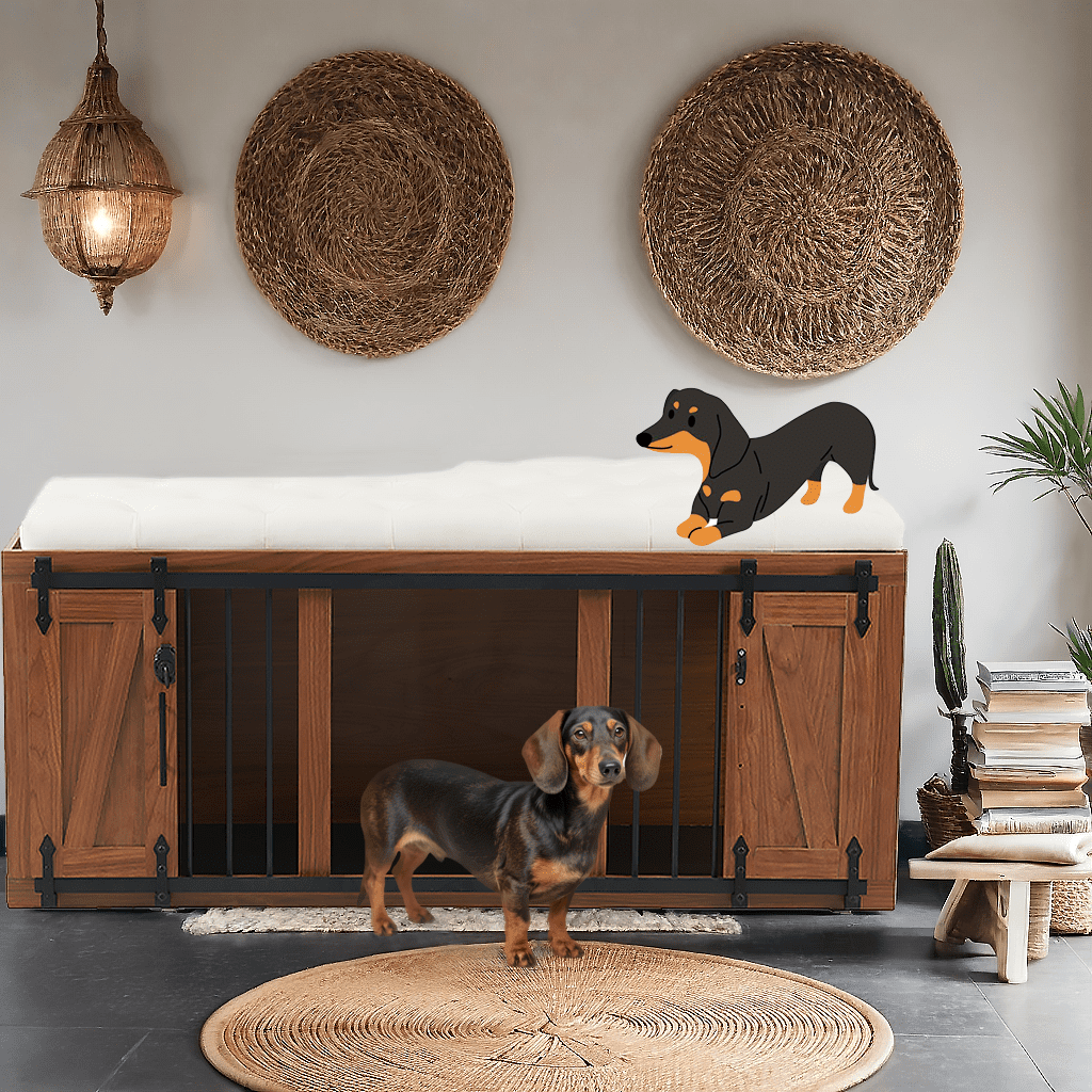 Euroco 56"L, Furniture Style 2 in 1 Dog Crate with Padded Seat, Sliding Barn Door, Luxury Wooden Dog Kennel, End of Bed Bench Ottoman with Removable Cushion for Bedroom, Living Room, Walnut