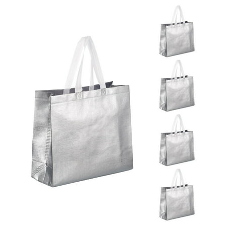 12pcs Reusable Gift Bags, Silver Tote Glossy Grocery Shopping Bag for Birthday Party - 15.7"x11.8"x3.9"