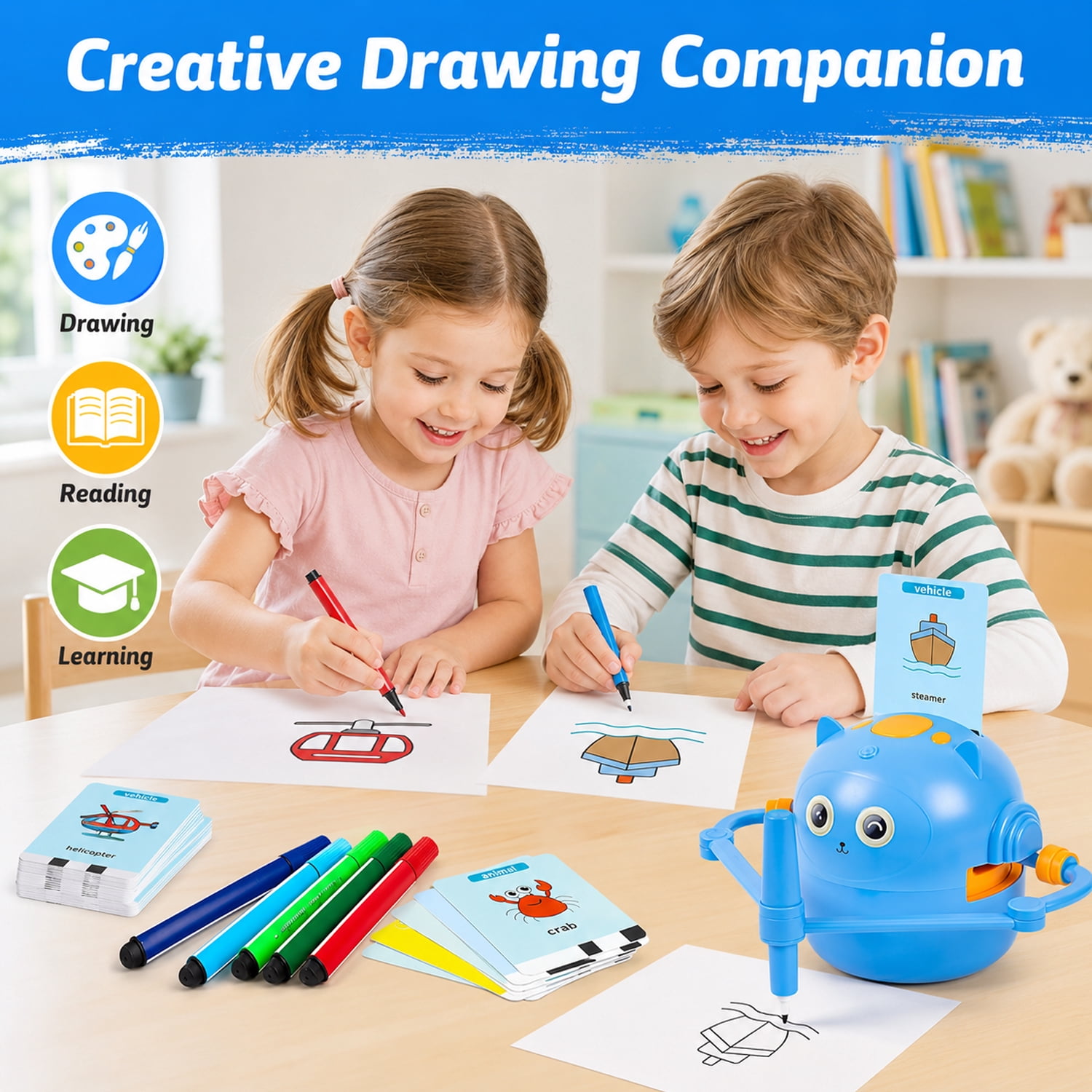 Drawing Robot for Kids, Interactive Educational Drawing Robot with Voice Interaction, Magic Painting Robot Toy with 100 Word Cards & 16 Color Pens for Girls and Boys Age 3+ (Blue)