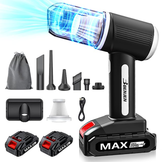 BENJEN Aspiradora portátil para coche, aspiradora de mano inalámbrica de 20000 PA, de alta potencia con motor sin escobillas, dos baterías de larga resistencia, mini aspiradora para coche, hogar
