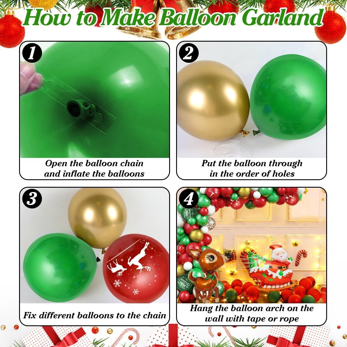 Christmas Balloon Garland, Christmas Balloon Arch with Red Green White Gold Merry Christmas Balloons Xmas Candy Cane Santa Elk Mylar Foil Balloons, Christmas Party Decorations