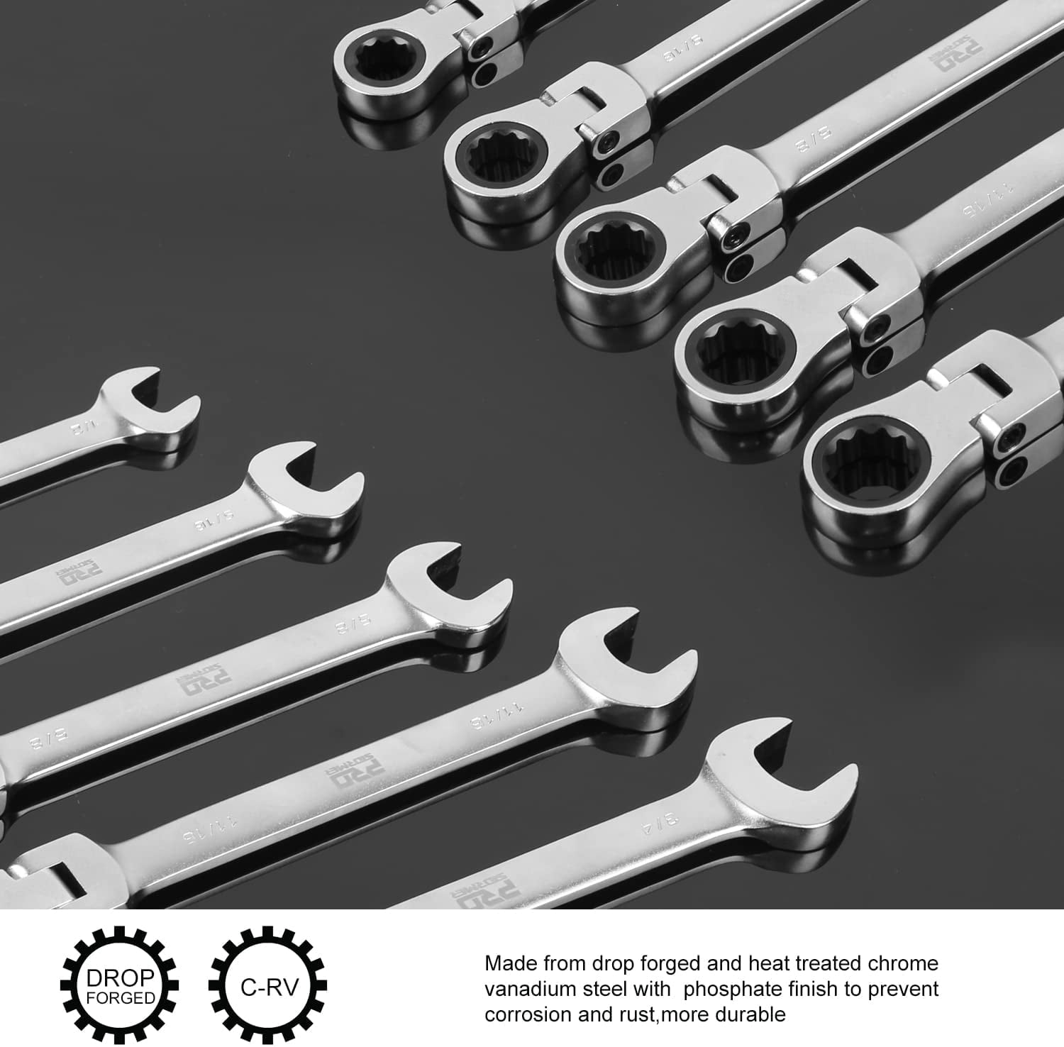 PROSTORMER 8 Piece Flex Head Ratchet Combination Wrench Set, 8-17mm Metric, 90-Teeth Box End and Open End Spanner Gear Wrench with Cr-V Constructed, Canvas Bag