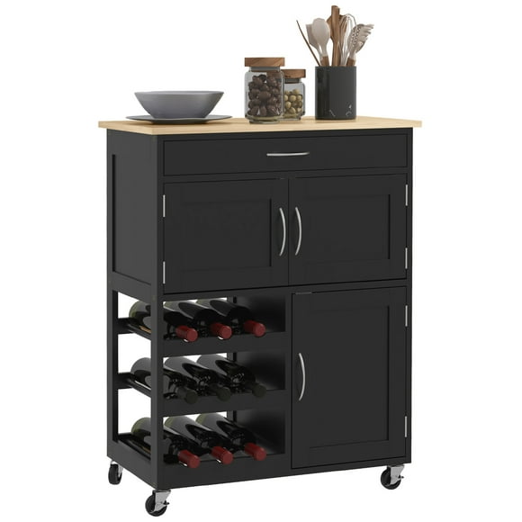 HOMCOM Kitchen Island on Wheels with Drawer, 9-bottle Wine Rack, Black