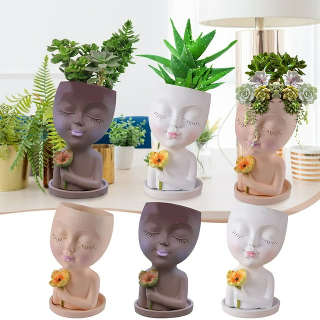 Maceta de resina Smiling Girl con flores - maceta decorativa de 7,67 pulgadas para regalo en casa, oficina o jardín