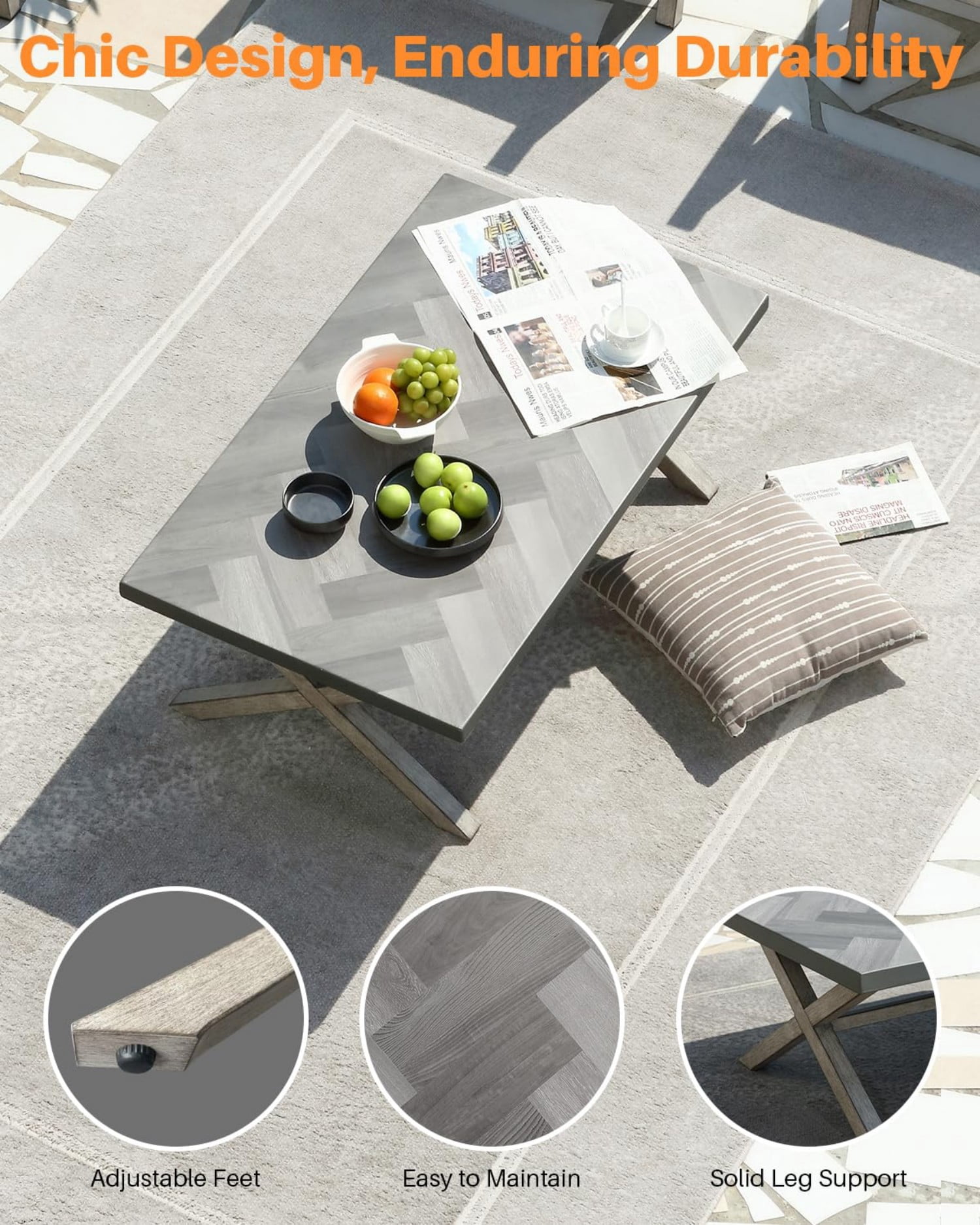 Aluminum Outdoor Coffee Table, Never Rust Rectangular Patio Coffee Table with Resin Top, All-Weather Outdoor Furniture Table for Patio, Poolside, Garden, Balcony, Porch, Silver Gray