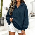 thumbnail image 6 of Feancey Women's Quarter Button Hoodie Sweatshirt Long Sleeve Drawstring Oversized Hoodies Lightweight Loose Fit Long Sleeve Hooded Pullover Tops with Kangaroo Pocket Navy L, 6 of 9