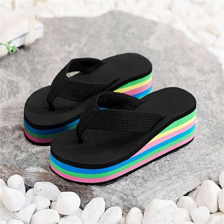 

Women s Casual Lightweight Summer Beach Slide Shoes Rainbow Sole Wedge Flip Flops