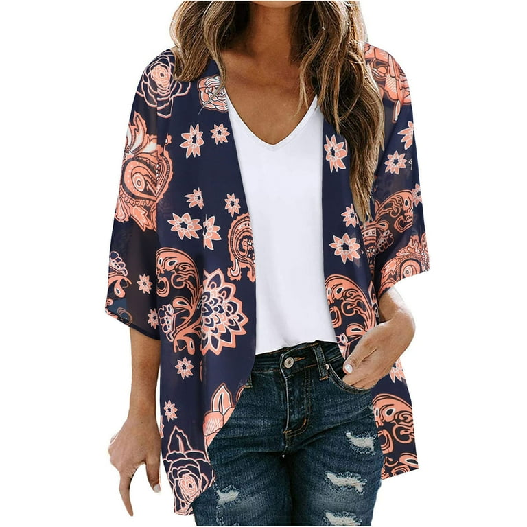 Navy Blue Summer Cardigan for Women Chiffon Cardigans for Woman 2024 Open Front Summer Women s Floral Print Puff Sleeve Kimono Cardigan Loose Cover Up