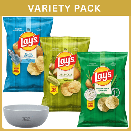 Lay s Potato Chips Variety Pack Sour Cream & Onion 7.75 oz Salt & Vinegar 7.75 oz & Dill Pickle 7.75 oz 23.25 oz Total with Bowl by OMA.