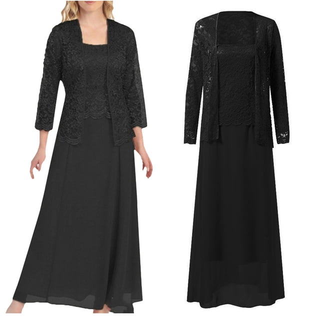 Robes d'Été pour Femmes Grande Taille Patchwork en Dentelle Ajourée Ourlet Ample Robe Longue d'Été Noire L