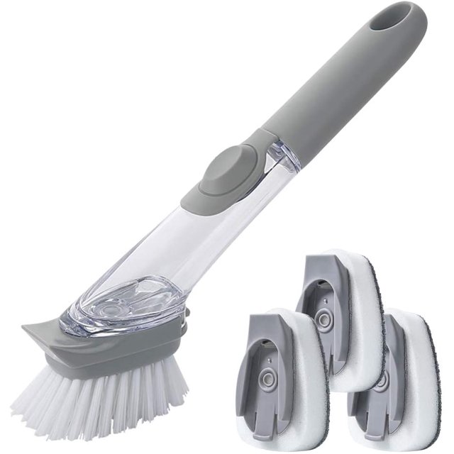 Cepillo para platos 3 en 1 LandJoy con dispensador de detergente, cepillo para platos, cepillo de esponja con escobilla de goma integrada (con 3 esponjas para platos), cepillo de limpieza con botón de silicona para un sellado confiable Ormromra LL-1739