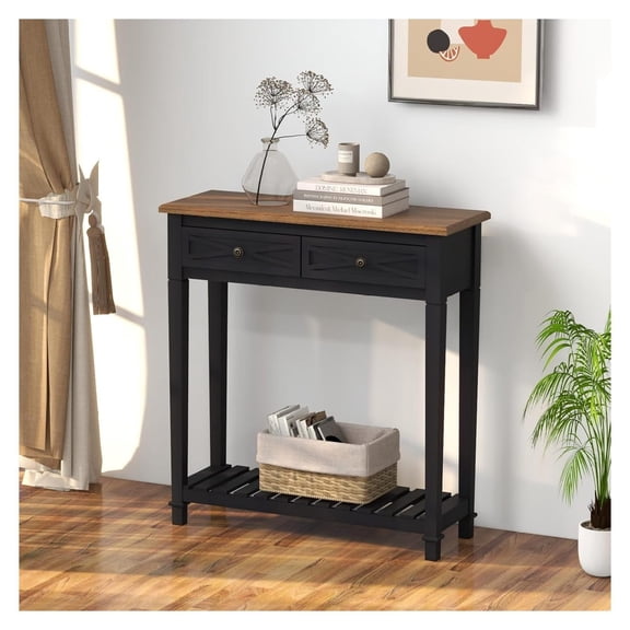 Narrow Console Table with 2 Drawers & Storage, 2-Tier Farmhouse Wooden Entryway Tables, Sofa Table Hallway Table for Living Room Hallway, Black