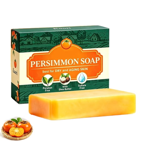 Deodorizing Persimmon Soap, Japanese Persimmon & Green Tea Extract Bar Soap, Gentle Cleansing for Dry Aging Skin Men Women.
