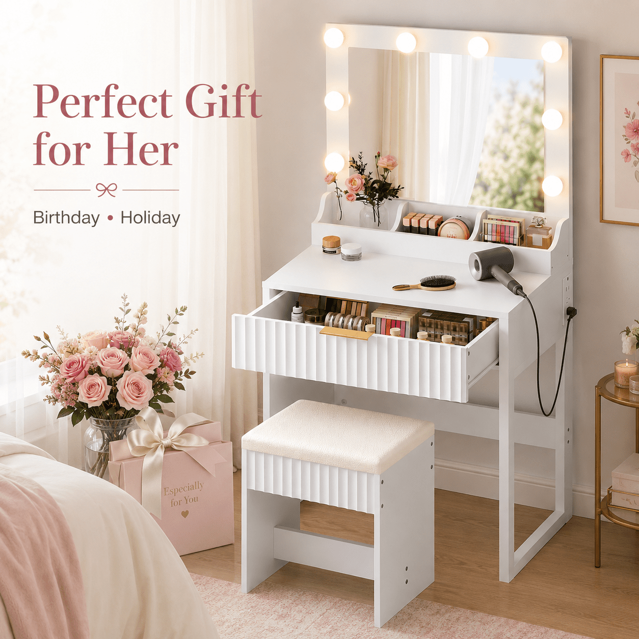 Ktaxon Flutted Makeup Vanity Table w/Stool, Dressing Desk with Charging Station, For Femal Gift, White