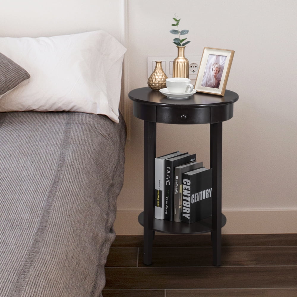 Kepooman 2 Layer Round Coffee Table with Top, Simple Round Side Coffee Table with Drawer, Brown Kepooman 2 Layer Round Coffee Table with Top, Simple Round Side Coffee Table with Drawer, Brown