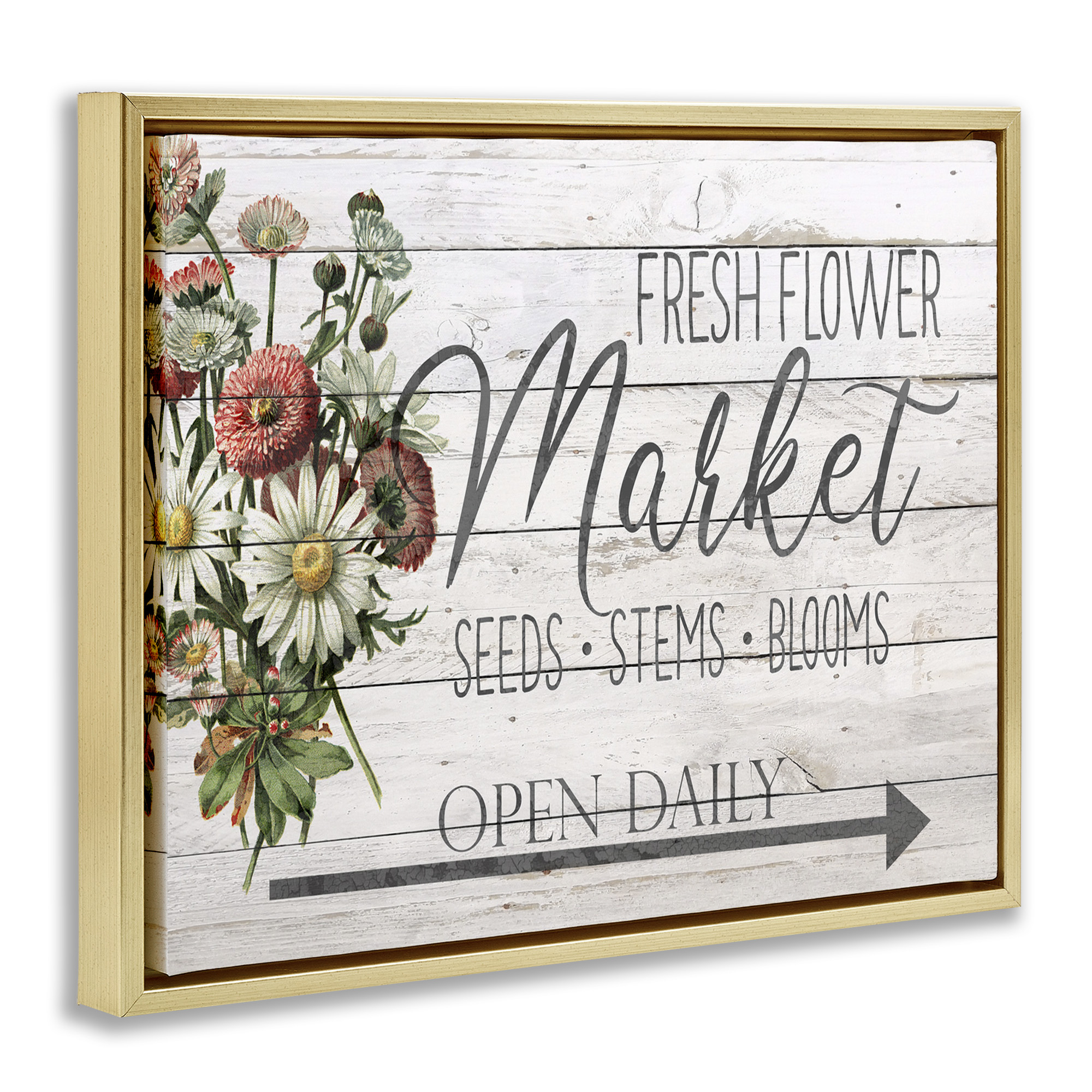 Stupell Industries Planked Style Fresh Flower Market Botanical & Floral Painting Gold Floater Framed Canvas Art Print Wall Art, 21 x 17