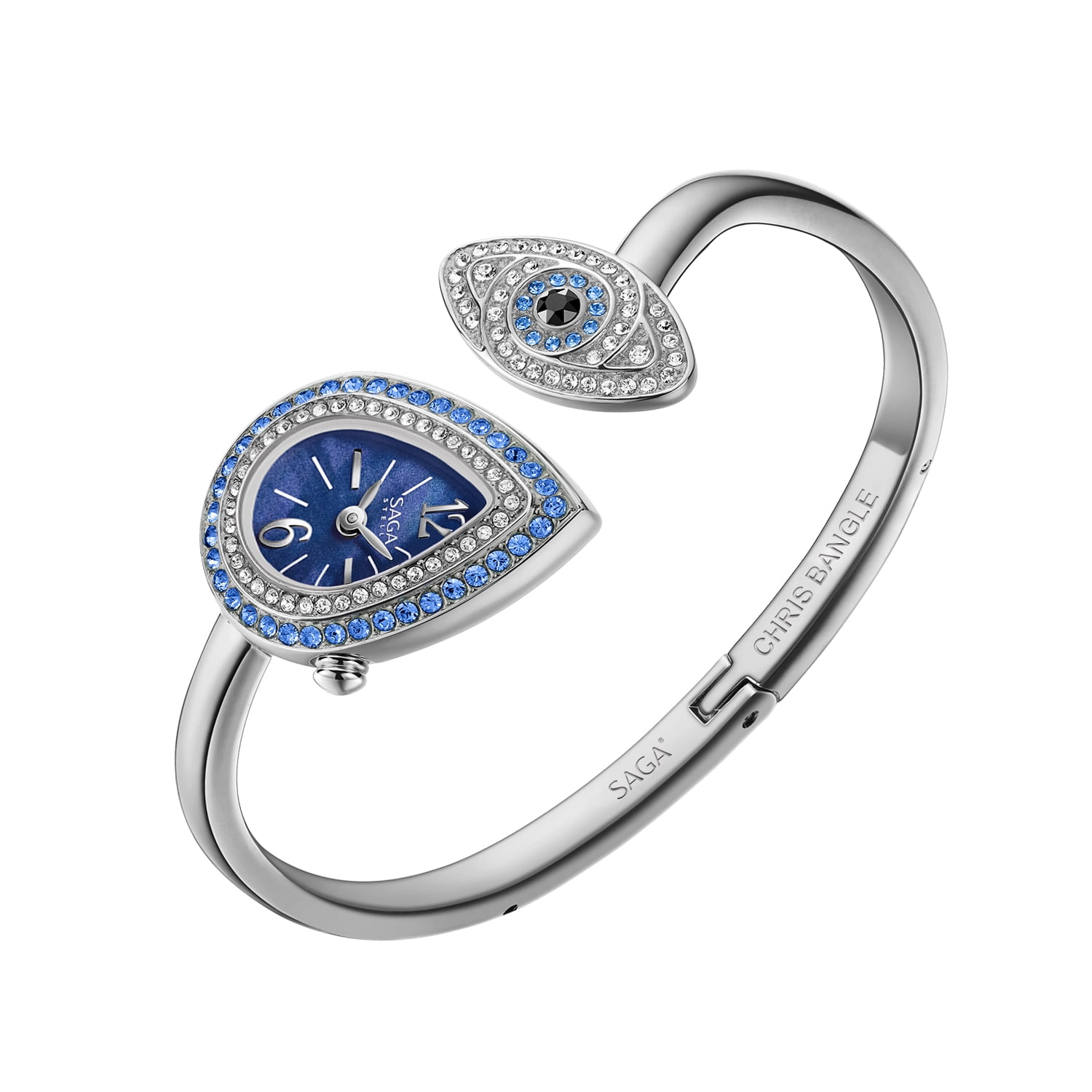 Watches for Women SAGA Angel's Eye Swiss Ronda Quartz Bracelet Watch, 129 Crystals, Teardrop Dial, Silver Blue, Casual Elegant, Gift for Women