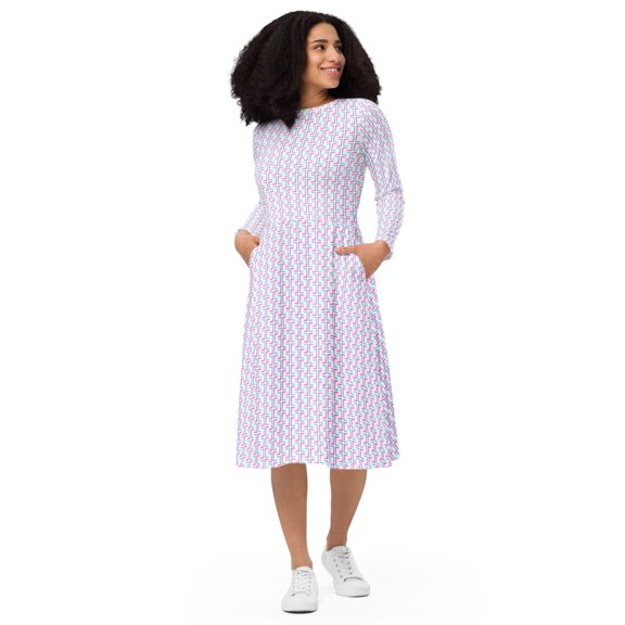 Glitch Cross All-Over Print Long Sleeve Midi Dress | Modest Dress | Church Dress | Dress With Pockets (2XS)