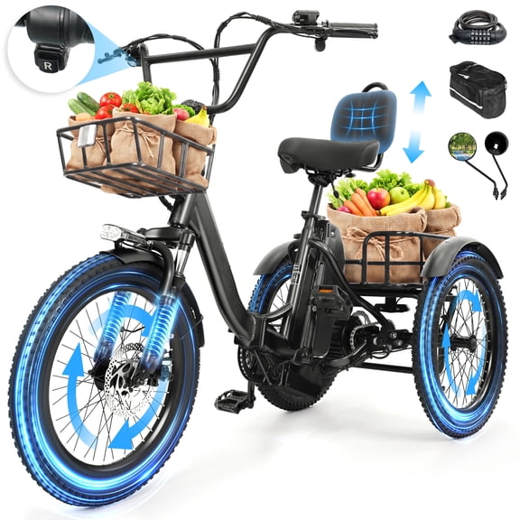 Electric Tricycle for Adults with Reverse, 750W Motor, 48V 20.8Ah Removable Battery, Up to 80 Miles Range, 20" x 3.0" Fat Tires, 3 Riding Modes, Black with Phonbag & Lock & Mirror