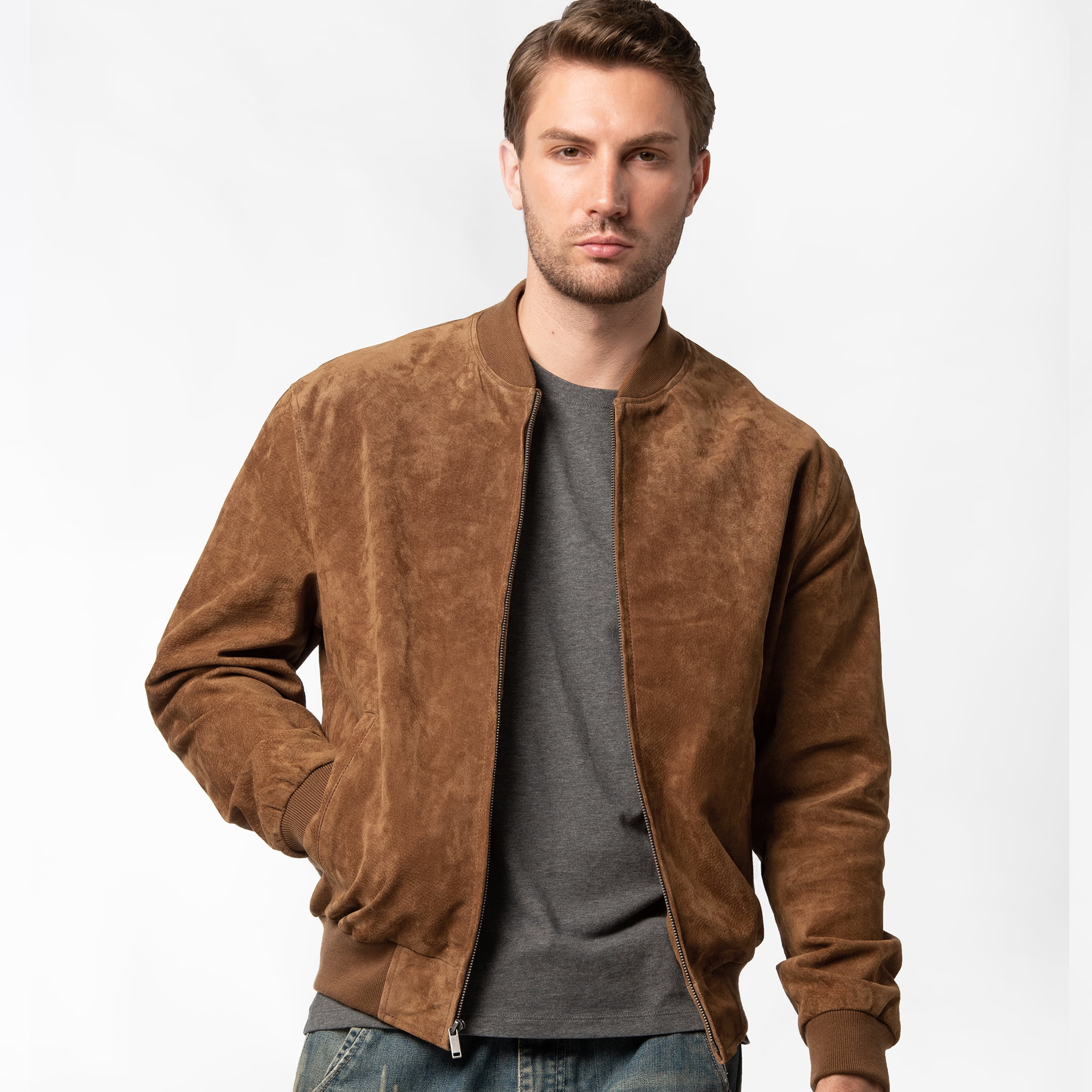 Men's Baseball Leather Jacket Vintage bomber Suede Jackets (XL, Brown)