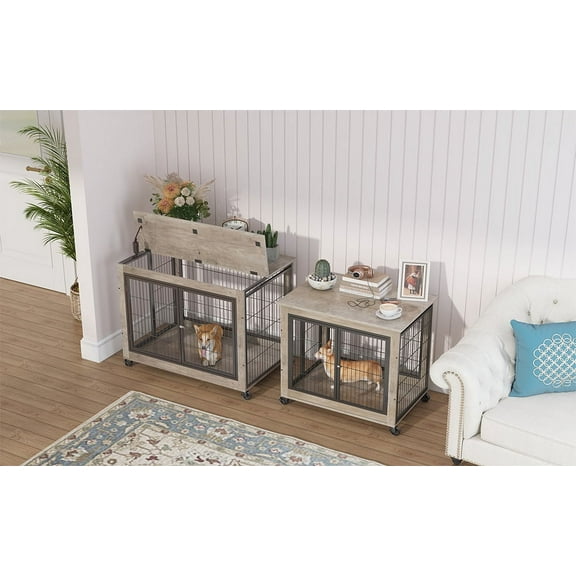 Furniture Style Dog Crate Side Table on Wheels with Double Doors and Lift Top.Grey,38.58''w x 25.5''d x 27.36''h