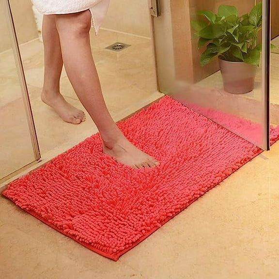 NAMZI Plush Chenille Bath Rugs Extra Soft and Absorbent Microfiber Shag Rug, Non-Slip Runner Carpet for Tub Bathroom Shower Mat Orange Red 16" X 24"