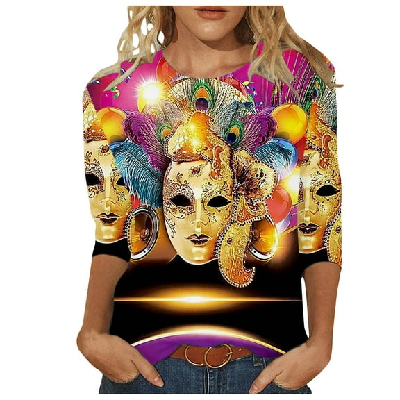 EQWLJWE Mardi Gras Shirts for Women Carnival Themed T shirt 3/4 Sleeve Print Tops Crew Neck Pullover Gift Multicolor S