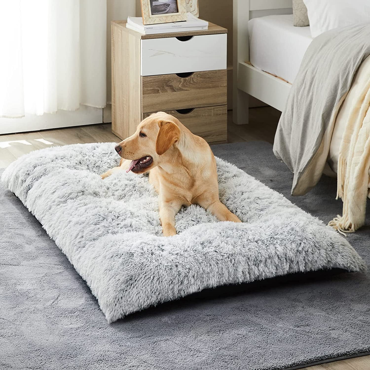 Reyox Large Dog Bed, 35 x 23 inch Fluffy Plush Dog Cage Bed, Washable Dog Mat with Non-Slip Bottom for Large and Medium Dogs,Dark Gray
