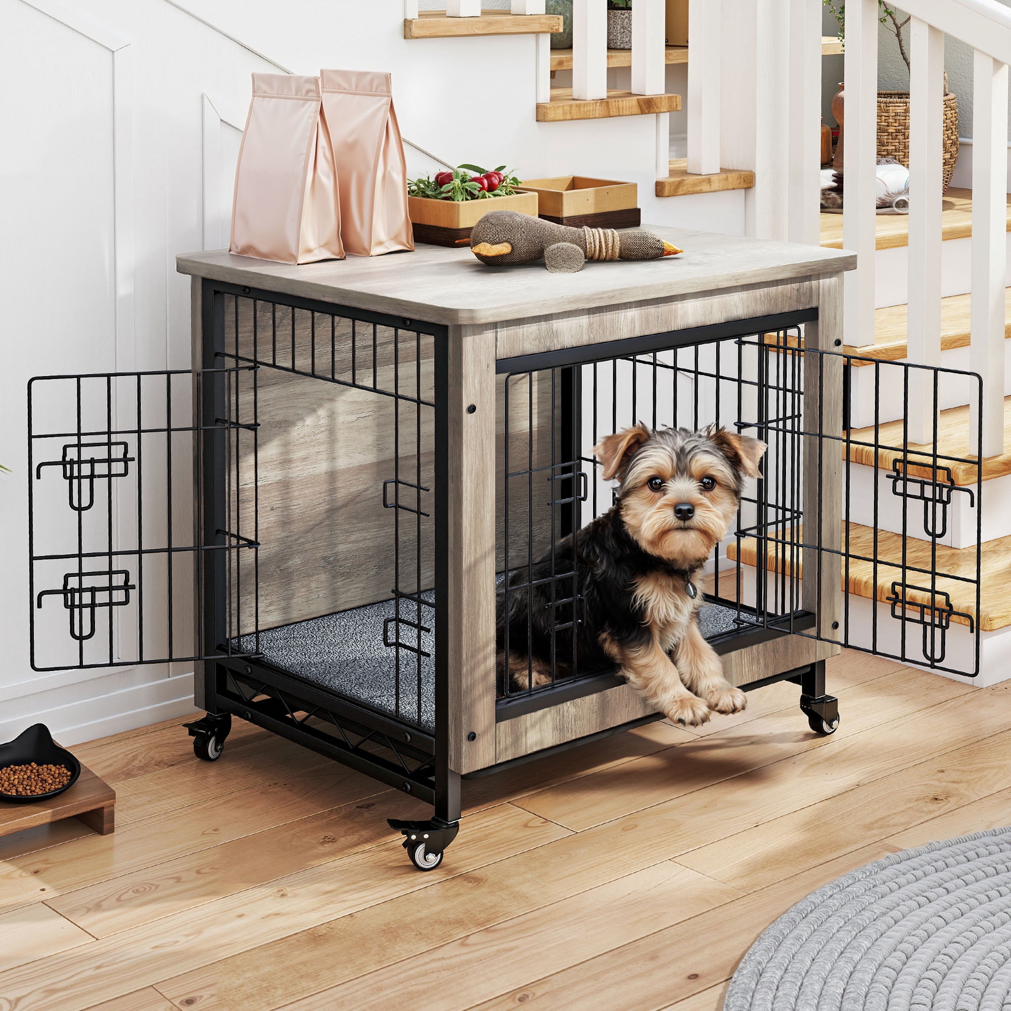 Uforic 27" Dog Crate Furniture with Cushion & Tray, Wooden Indoor Dog Kennel End Table for Small Dogs, Gray