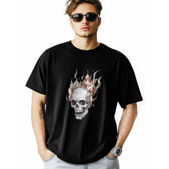 Men's T-Shirt Skull on Fire Short Sleeve Casual Tee Classic Crew Neck T-Shirt for Men, XL