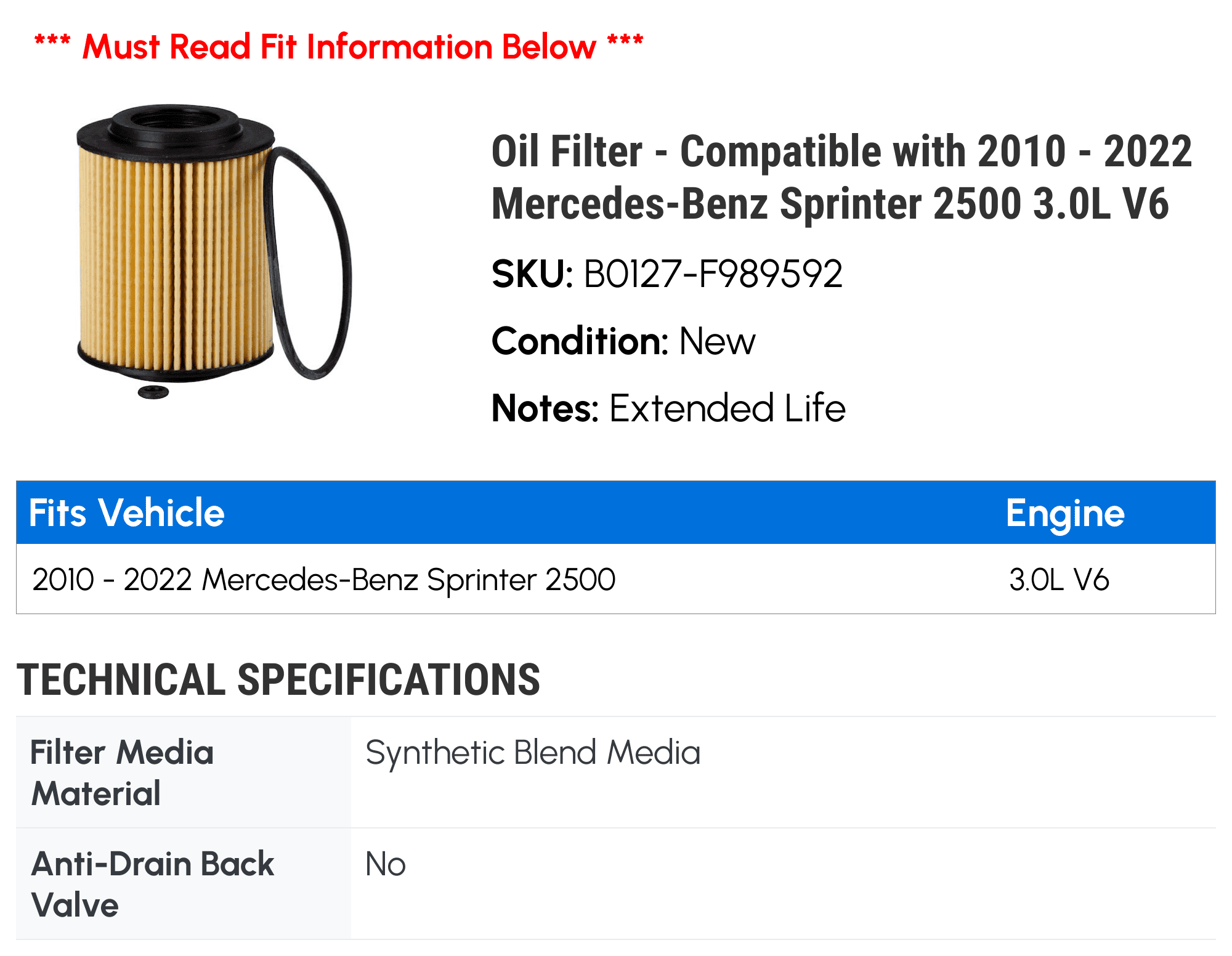 Oil Filter - Compatible with 2010 - 2022 Mercedes-Benz Sprinter 2500 3.0L V6 2011 2012 2013 2014 2015 2016 2017 2018 2019 2020 2021
