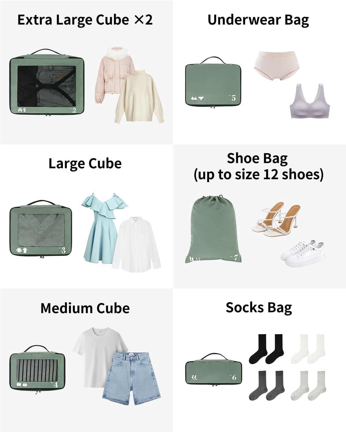 7 Pcs Packing Cubes for Travel Organizer Tear-Resistant with Number Icon Handle Storage Bags for Carry on Bag for Clothes Shoes, Green