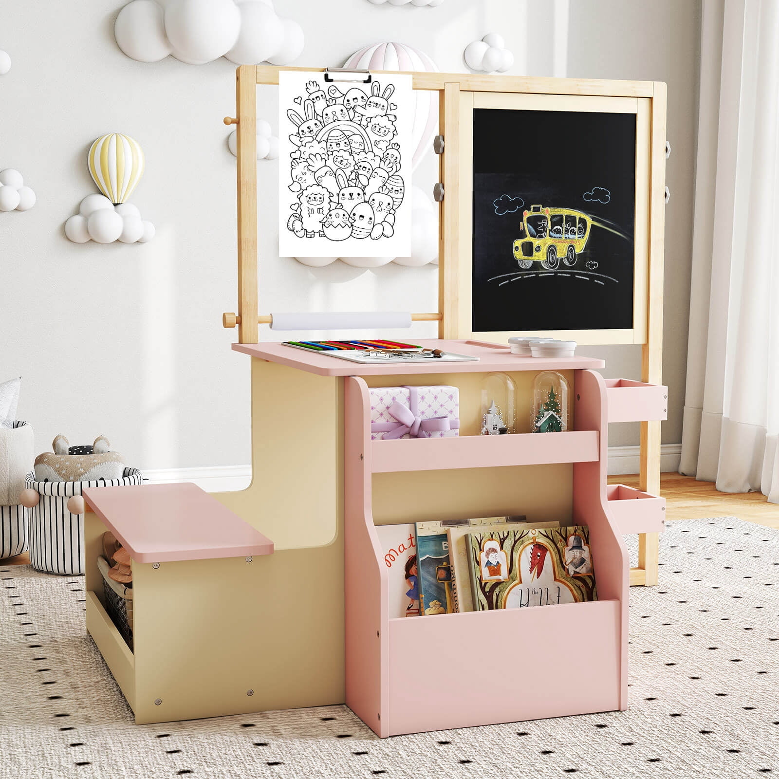 Costway Kids Art Easel & Table & Bench Set with Double-Sided Adjustable Easel, Blackboard Pink