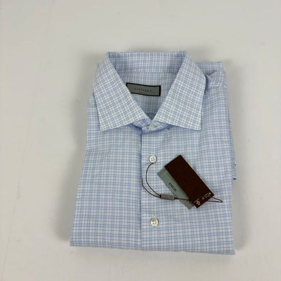 Canali Mens Tonal Check Regular Fit Dress Shirt Blue-US 17 EU 43 GD03154403798