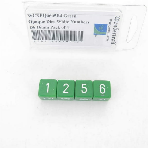 Green Opaque Dice with White Numbers D6 Aprox 16mm (5/8in) Pack of 4 Wondertrail