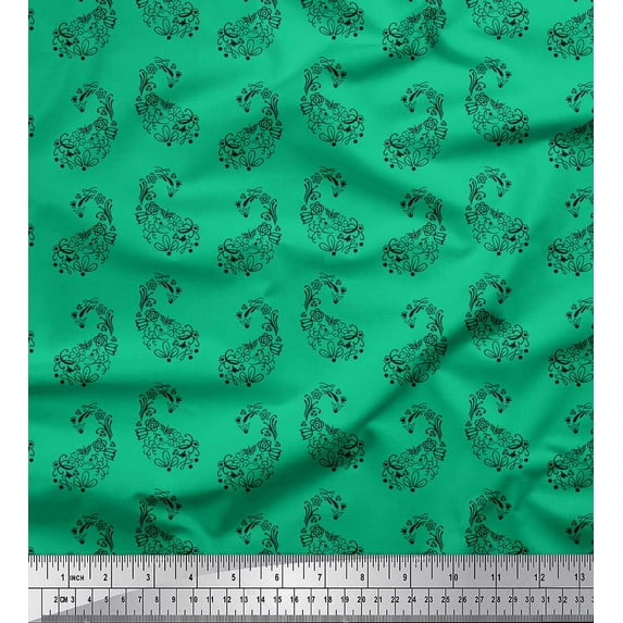 Soimoi Green Cotton Cambric Fabric Black Sketch Floral & Paisley Printed Craft Fabric by The Yard 42 Inch Wide