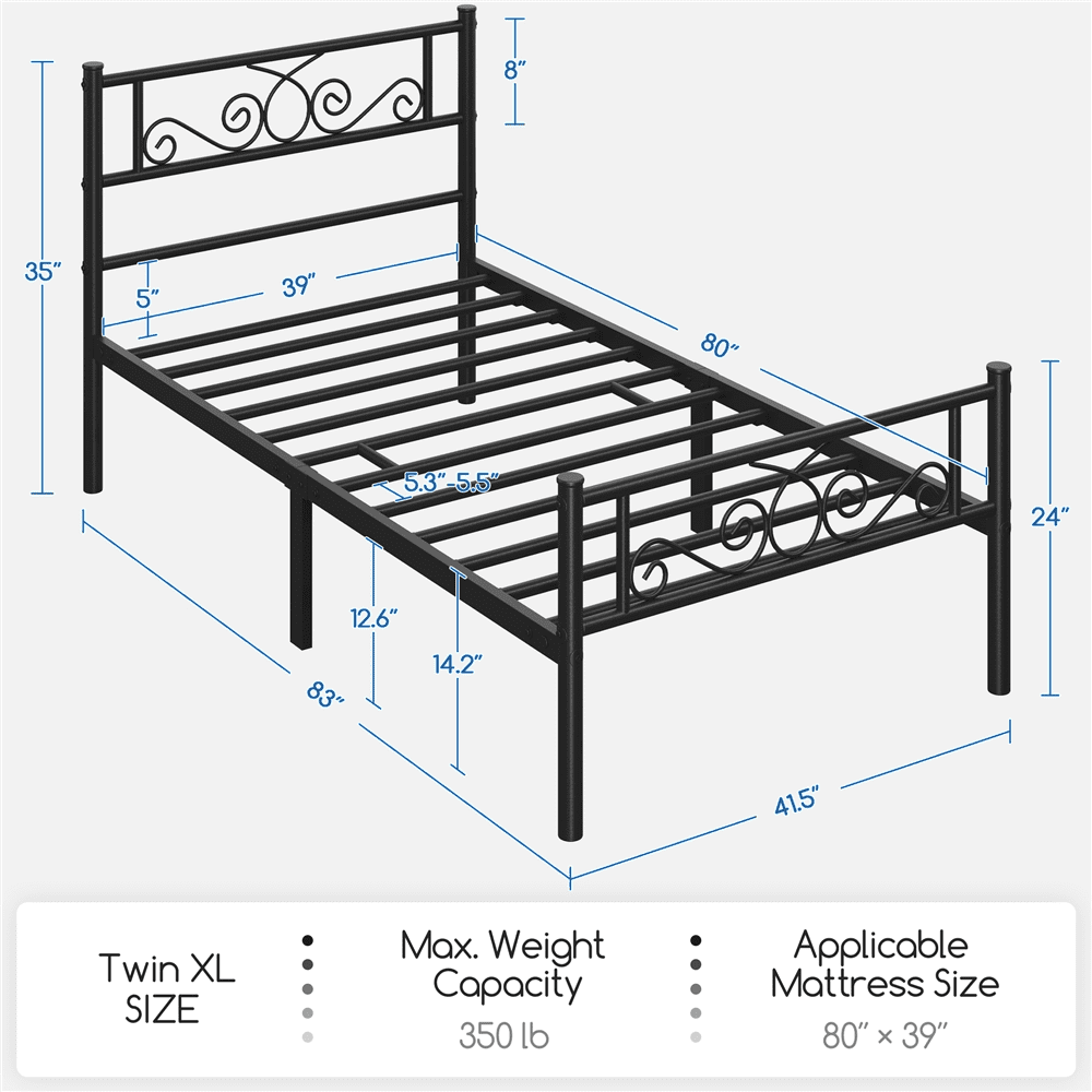 Renwick Modern Scroll Metal Platform Bed for Adult, Black, Twin XL