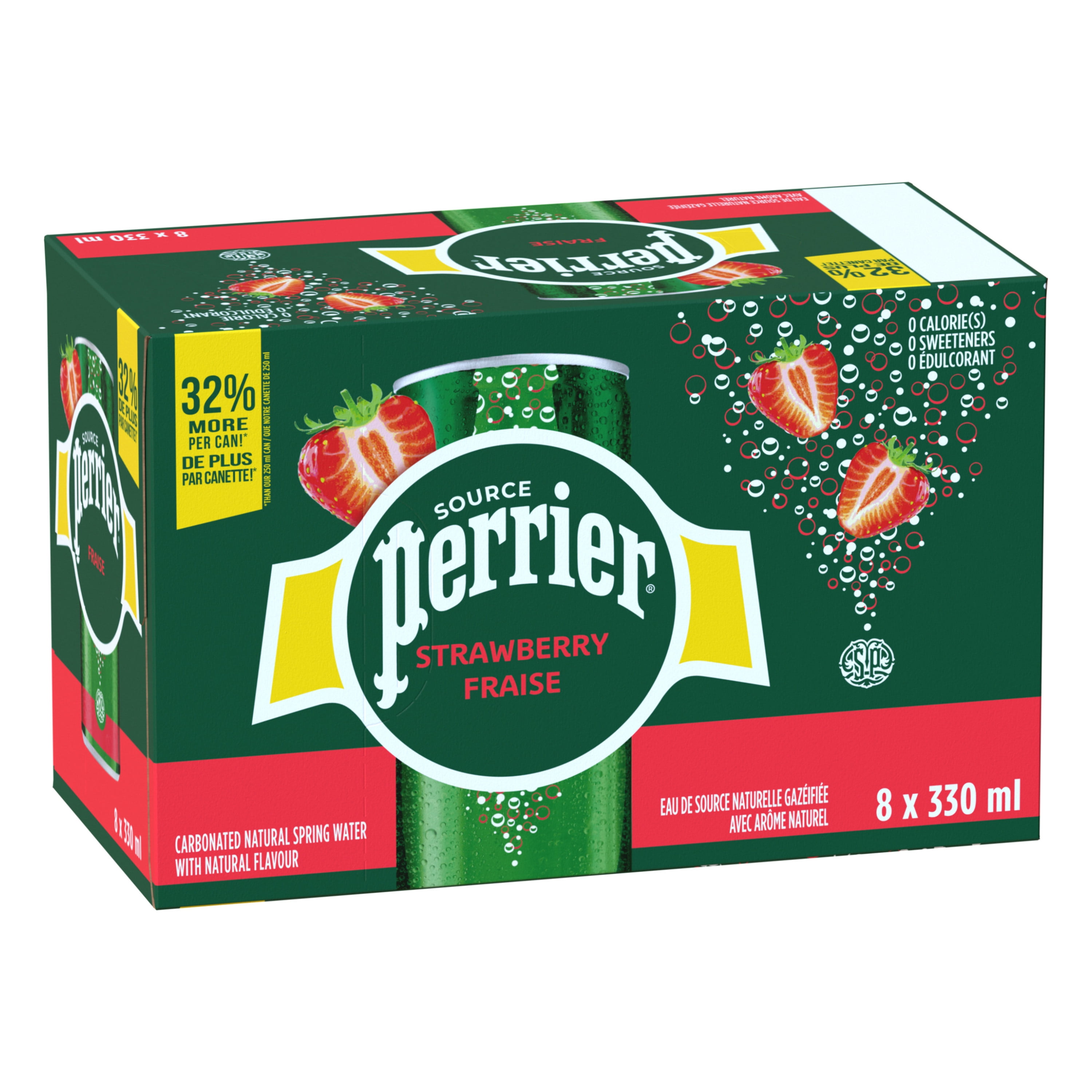 PERRIER Eau de source naturelle gazéifiée Fraise avec arôme naturel, sans calories, ni édulcorants, ni sodium, canette 2.64 kg