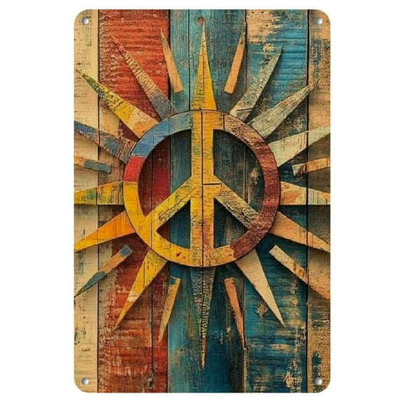 Room Decor 1pc Rustic Iron Peace Sign Wall Art, 8x12 inches, Vintage Wooden Effect, Water and Dust Resistant, Home Bar Garage Kitchen Decor, Unique Gift for Men and Women