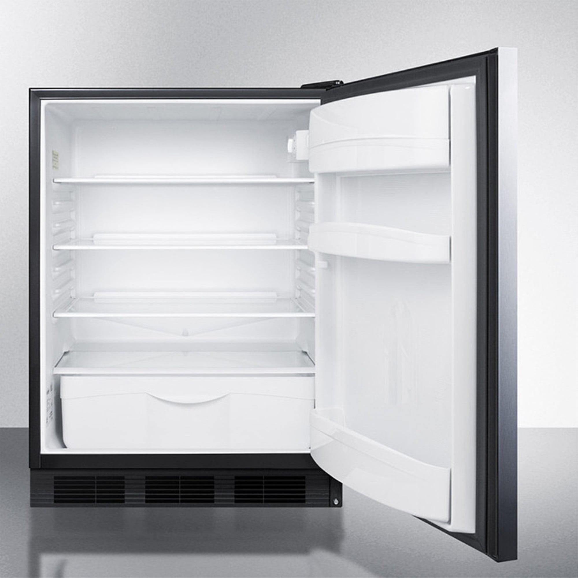 ADA compliant commercial all-refrigerator for built-in general purpose use, auto defrost w/stainless steel wrapped door, horizontal handle, and black cabinet