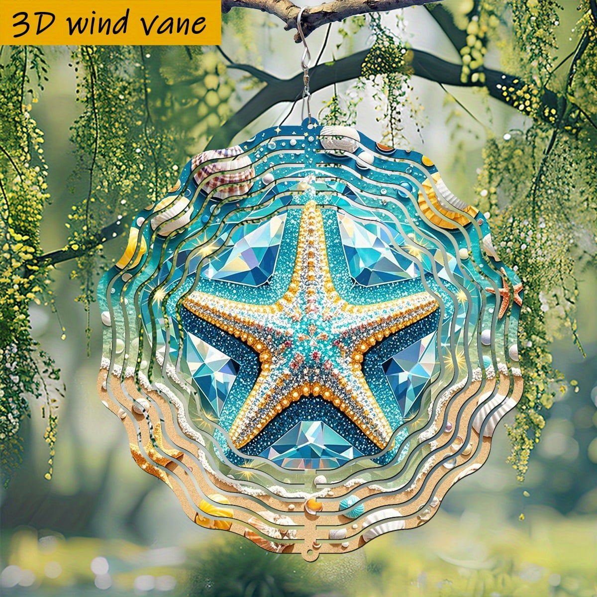 HELLOYOUNG 10 Inch Metal Wind Spinner, 3D Rotating Seashell and Starfish Hanging Decor with Sparkling Pearls, Nautical Wrought Iron Wall Art for Beach Theme Wedding Christmas Party Decorations