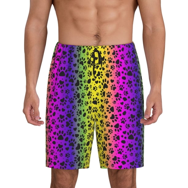 Balery Animal Paw Rainbow Pantalones cortos de pijama de punto de algodón para hombre con cinturilla y bolsillos-X-Large