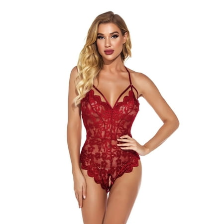 

Bodysuits for Women Clearance Cute Lingerie Hollow Lace Flowers Ruffles Underwear SuitValentine s Day Trendy