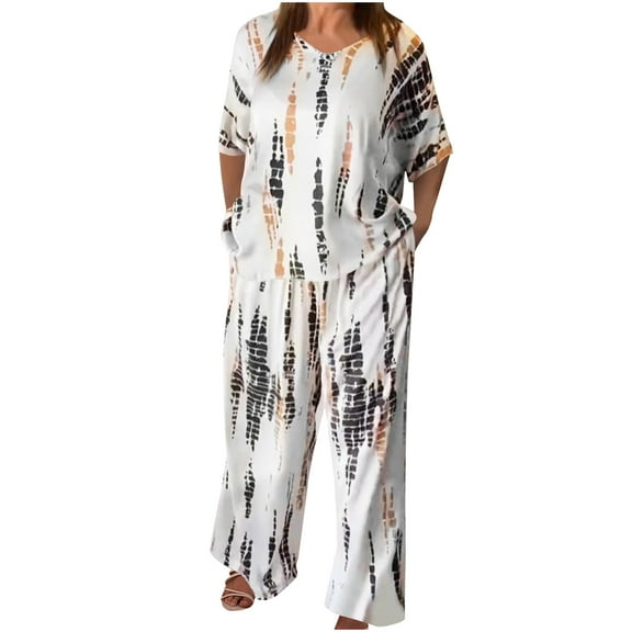 Wensltd Plus Size Summer Outfits Crew Neck Top and Wide Leg Pants