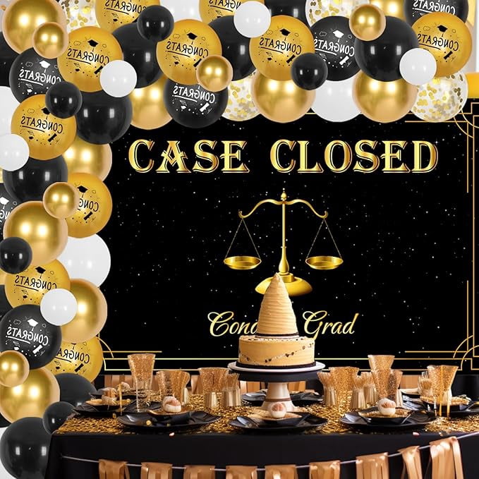 Case Closed Party Decorations, Class of 2026 Law School Graduation Party Decor, Congrats Lawyer Gard Backdrop, Black Gold Balloon Garland Arch Kit for Future Lawyer Graduation Party Supplies